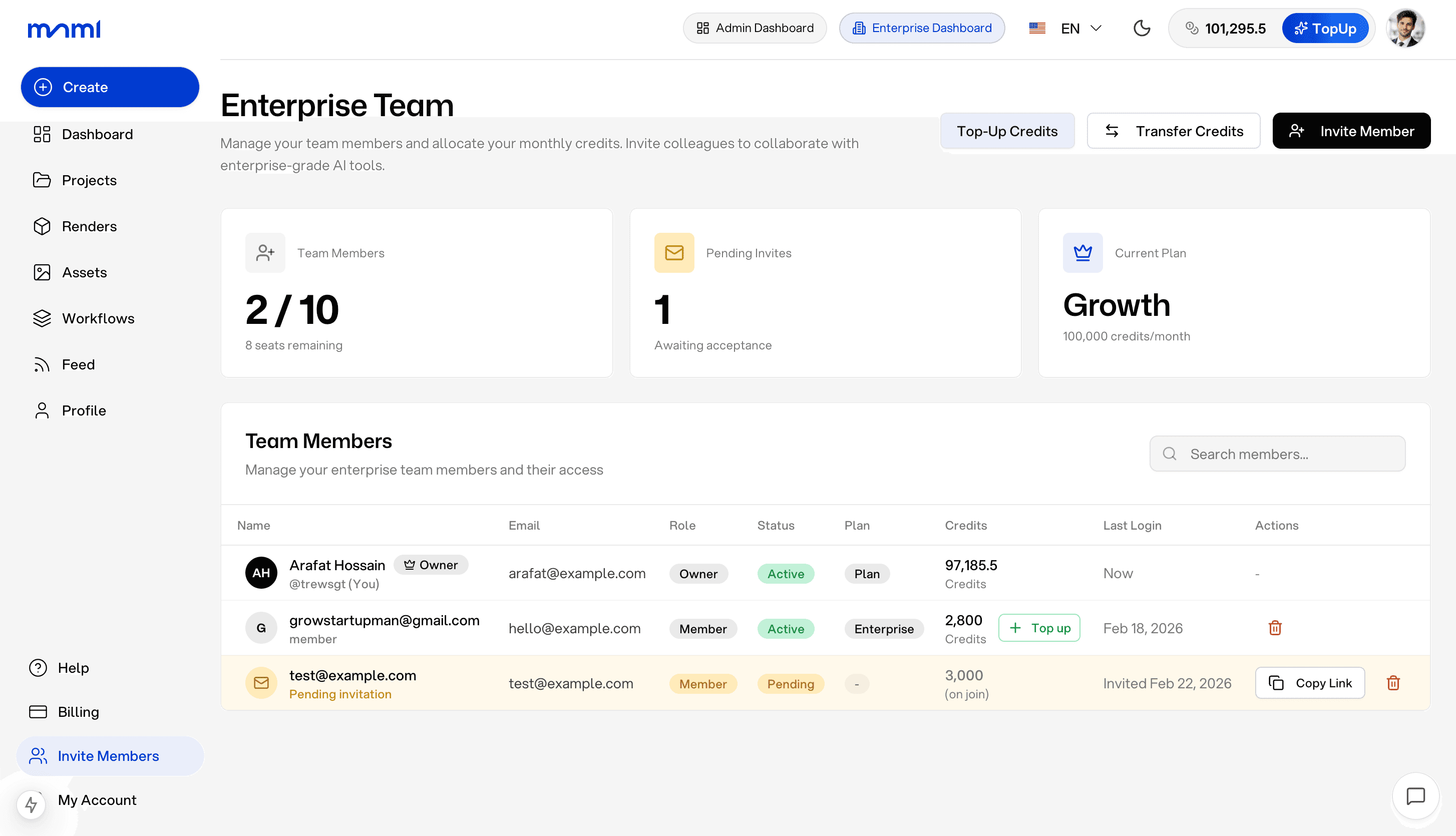 mnml.ai Enterprise Team Dashboard - Manage members, credits, and access controls
