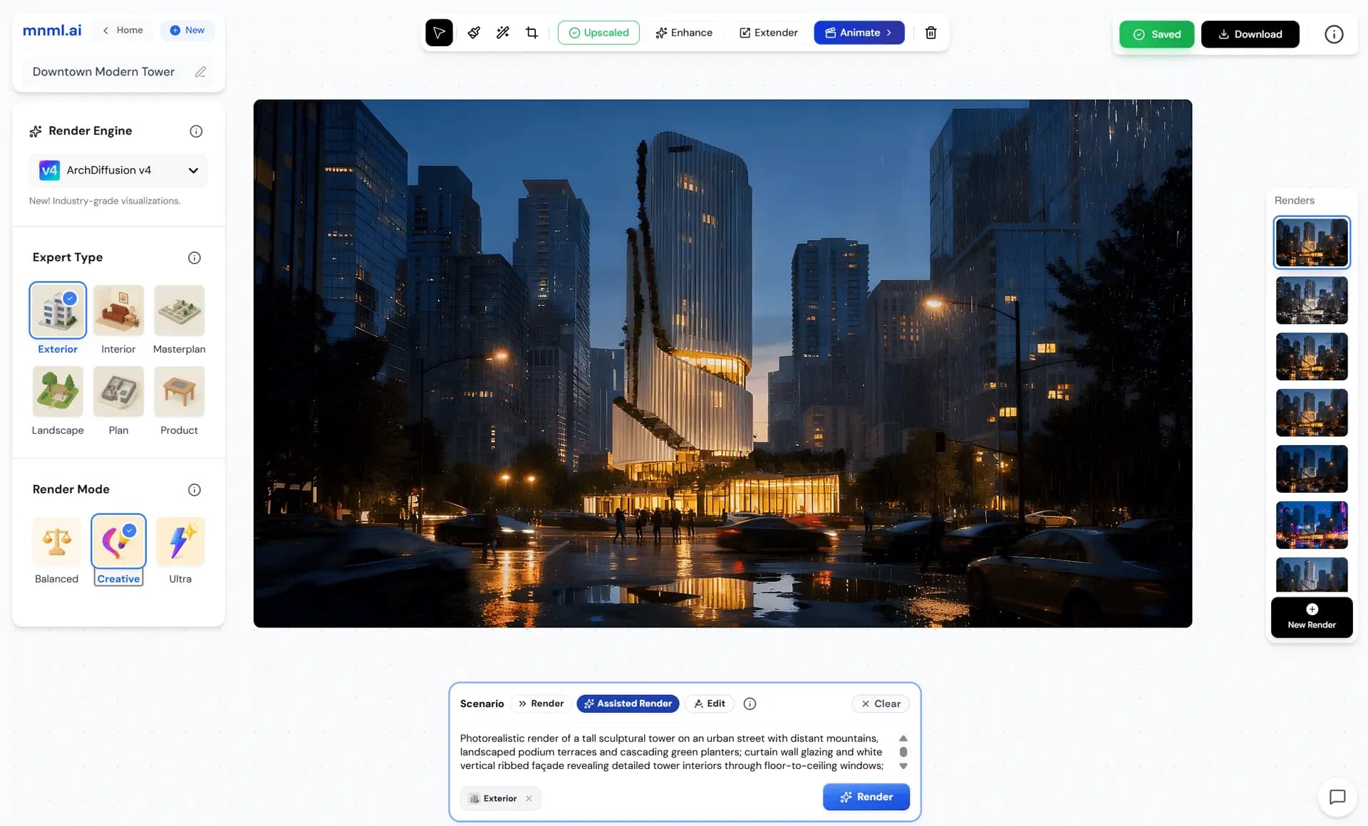 mnml.ai Studio - AI-powered architecture visualization platform with ArchDiffusion v4.2 engine for industry-grade CGI renderings