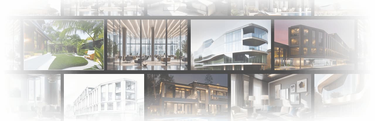 Professional architecture renderings created with mnml.ai AI tools showing various building styles and design approaches