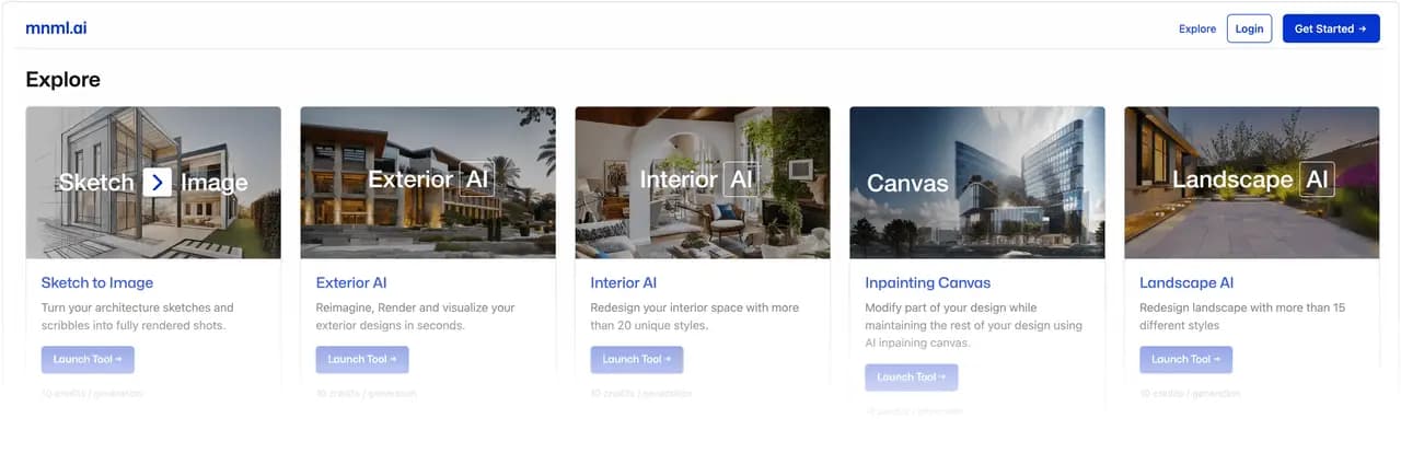 Overview of mnml.ai AI architecture tools including sketch to render, exterior AI, interior AI, and landscape design tools