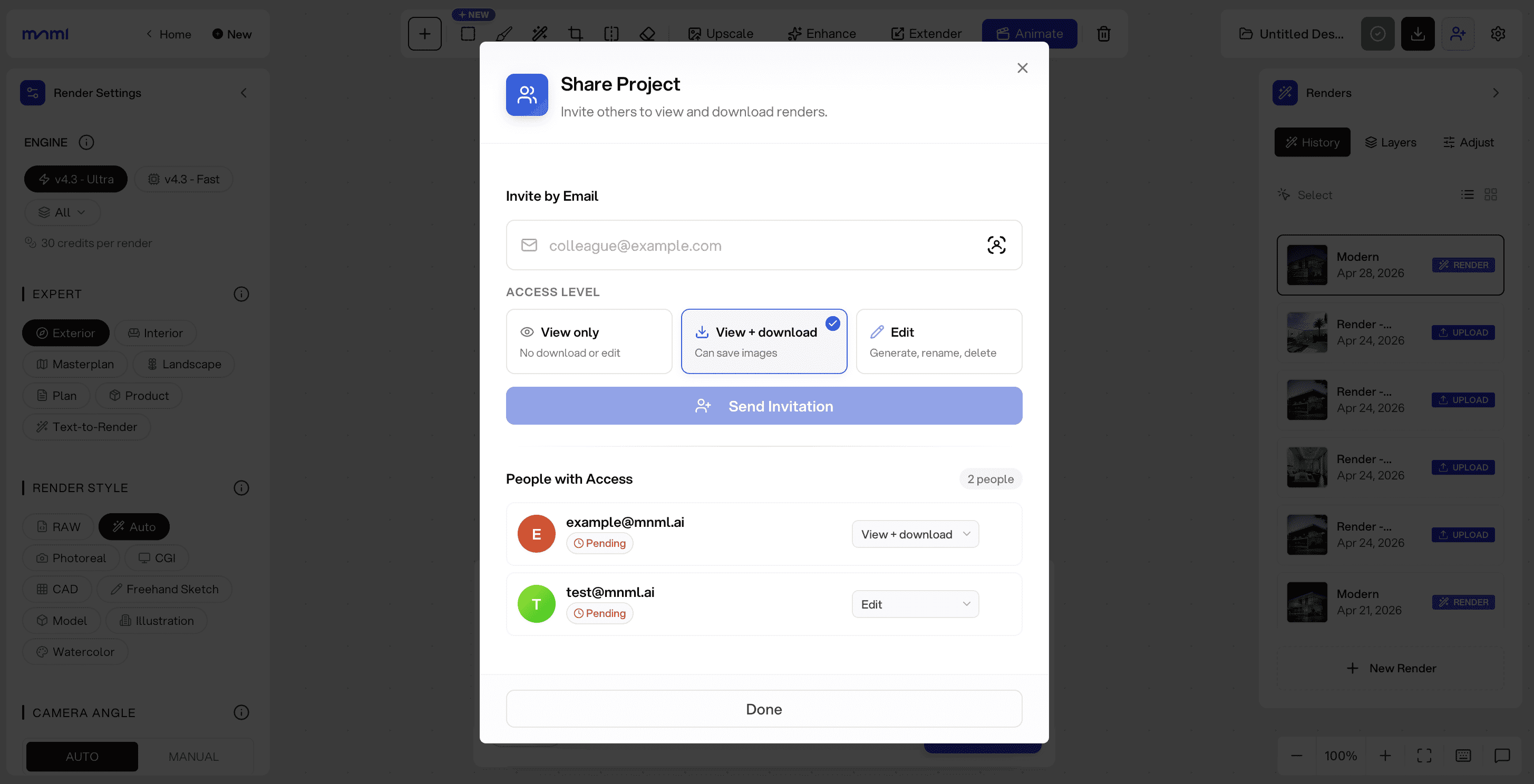 mnml.ai Project Collaborations — invite collaborators by email with view, view + download, or edit access