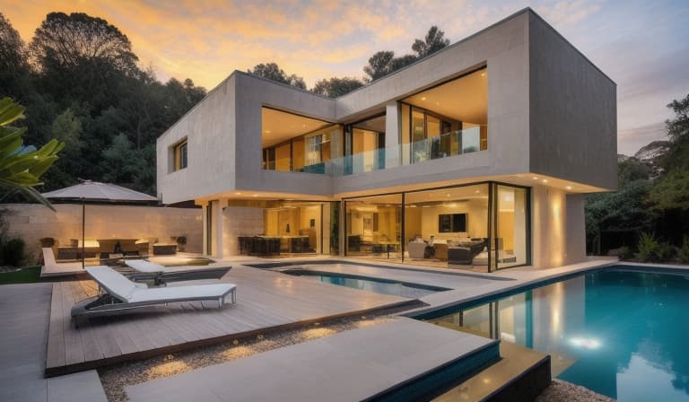 Moderne Villa zur goldenen Stunde