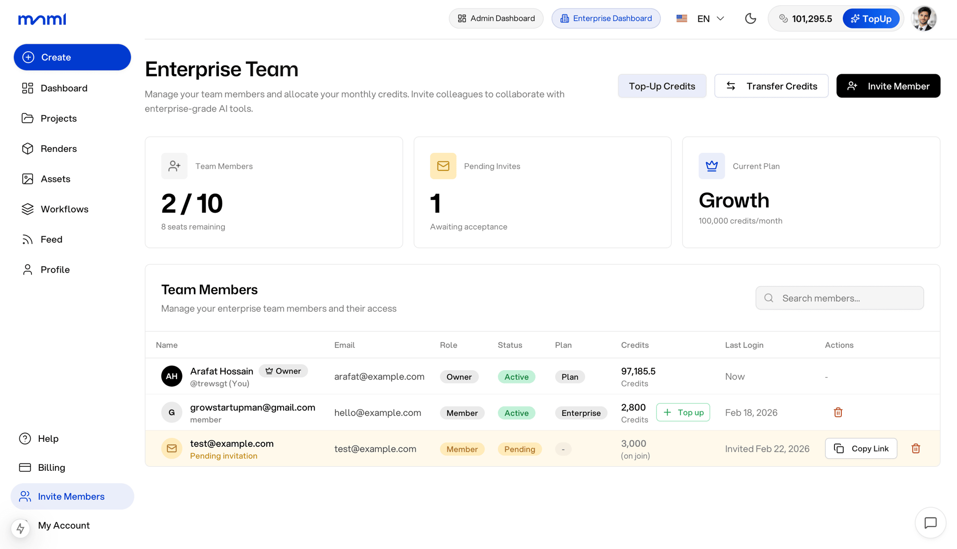 mnml.ai Enterprise Team Dashboard - Manage members, credits, and access controls