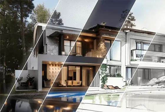 AI sketch to render transformation showing hand-drawn architectural sketch converted to photorealistic rendering
