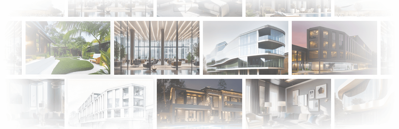 Professional architecture renderings created with mnml.ai AI tools showing various building styles and design approaches