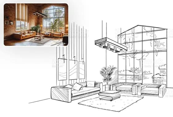 Sketch to Image AI tool showing transformation from hand-drawn architectural sketch to photorealistic 3D rendering
