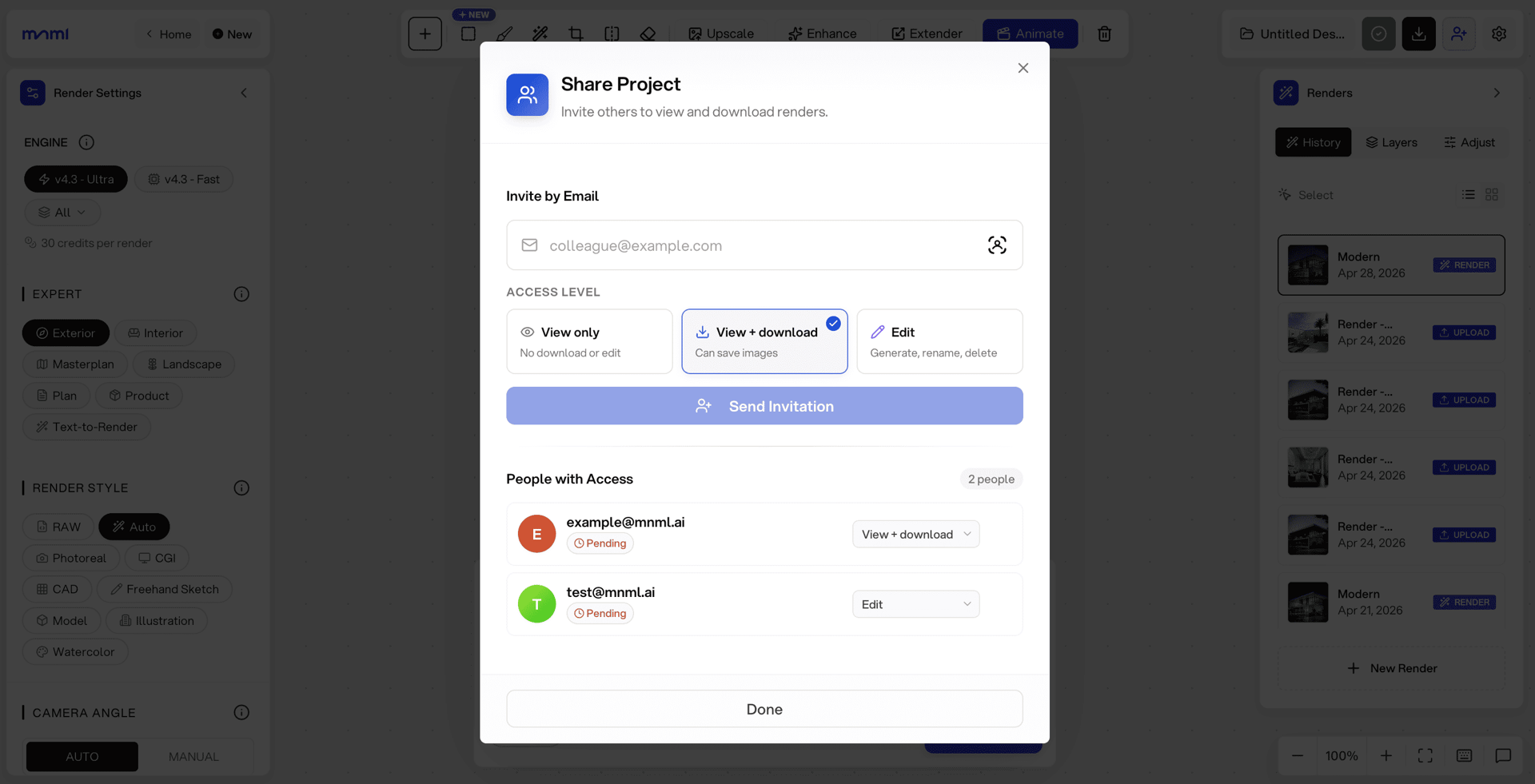 mnml.ai Project Collaborations — invite collaborators by email with view, view + download, or edit access